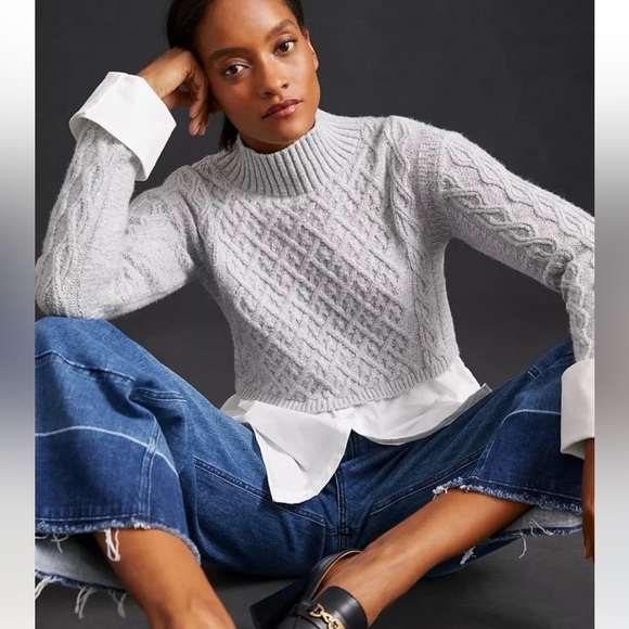 Anthropologie Maeve Cable Knit Layered Buttoned Soft Grey Sweater Size Medium - Picture 3 of 14